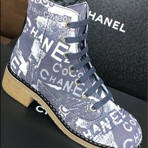 SOLD Chanel Printed Calfskin Navy Blue Boot